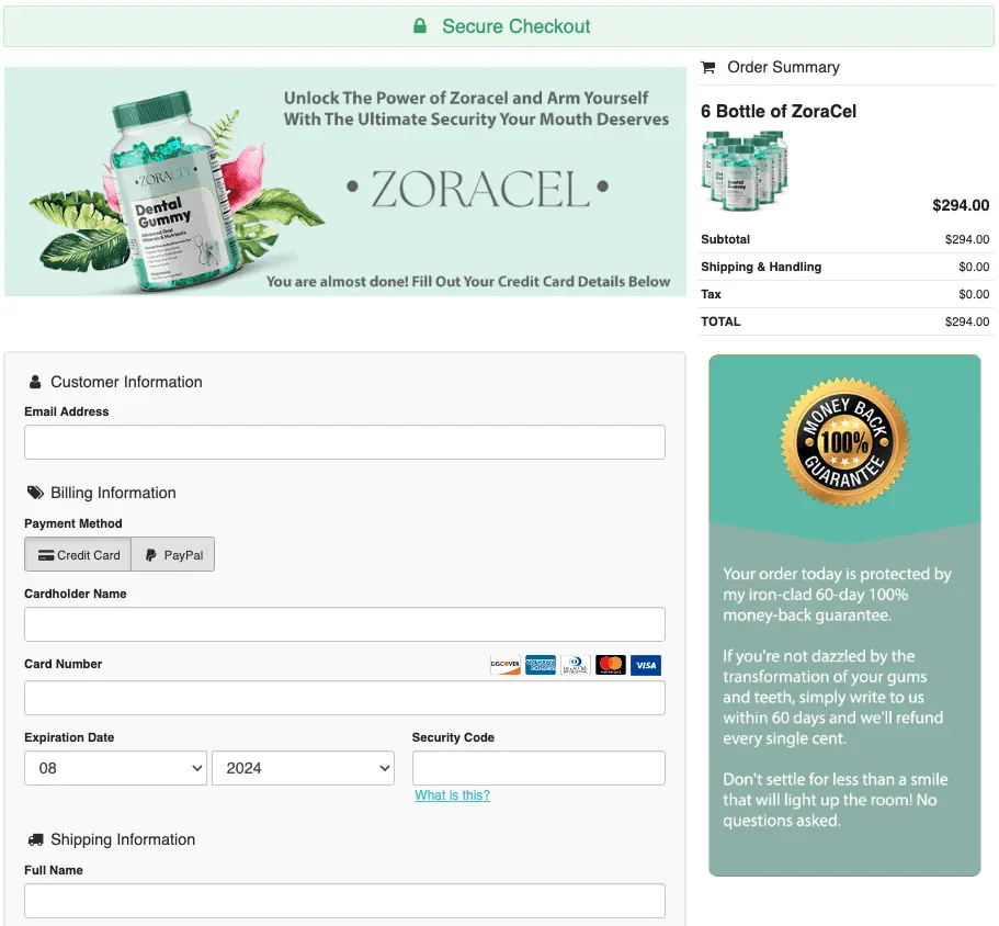 Zoracel order page